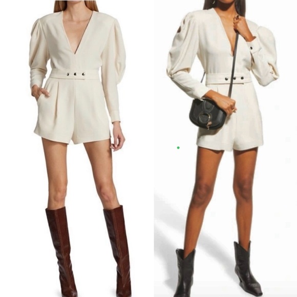 IRO Narma Pleated Crepe V Neck Long Puff Sleeve Belt Romper Playsuit Size 6 NEW - Picture 6 of 12